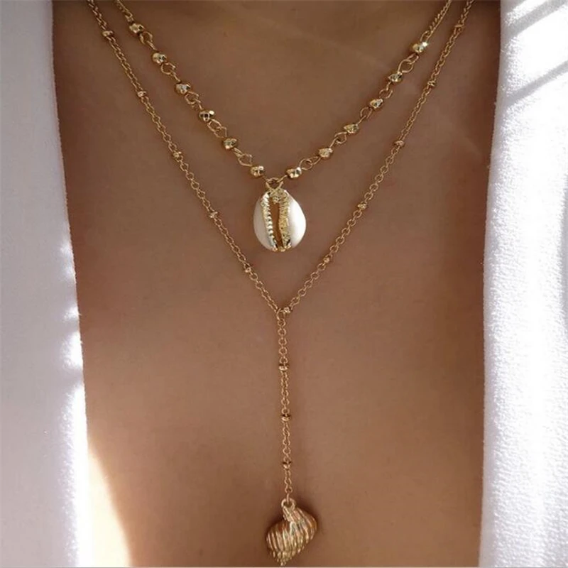 

Summer necklace for women gold two-layer necklace shell long chain conch pendant punk wind necklace bohemian jewelry 2019 new