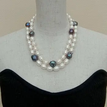 

2 Rows Cultured Black Keshi Pearl White Rice Pearl Necklace For Women Jewelry