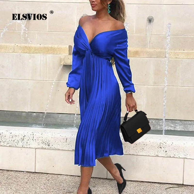 

ELSVIOS Lady Autumn Sexy Off Shoulder Pleated Satin Dress Elegant Fit And Flare Long Sleeve dress Women Mid-calf party dresses