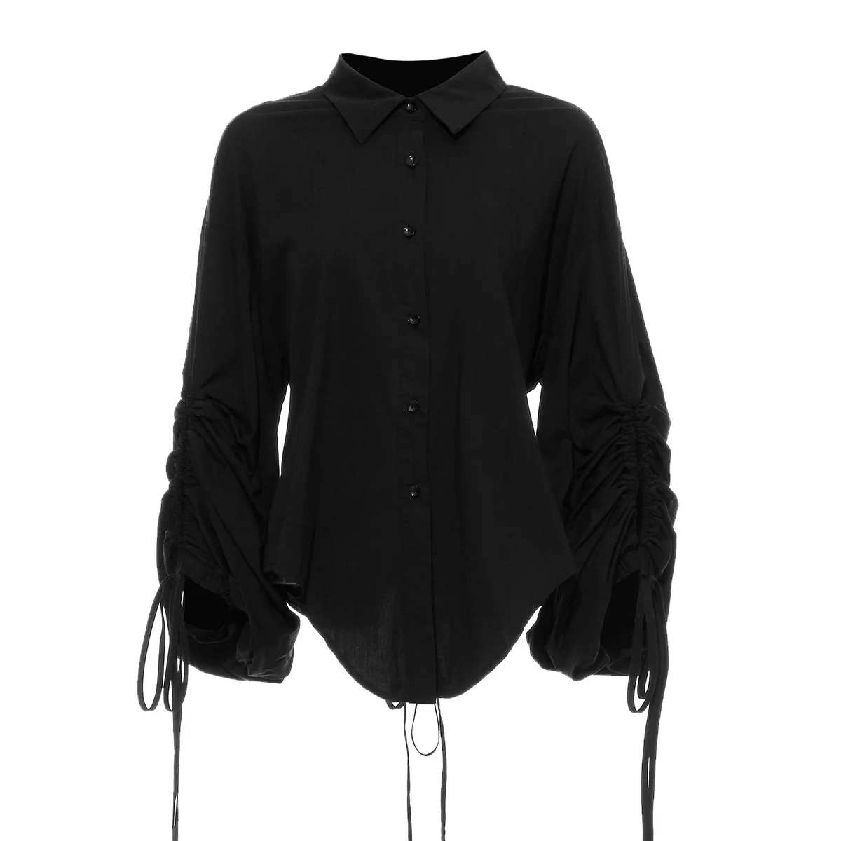 [EAM] Женская Черная Асимметричная блузка с завязками, новая свободная рубашка с отворотом и длинным рукавом, модная весенняя Осенняя JZ520 - Цвет: Cool black