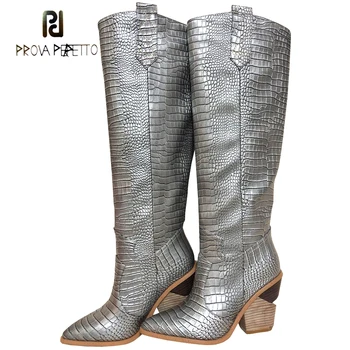 

Prova Perfetto Gold Silver Crocodile Pattern Ladies Knee High Boots Pointed Toe Chunky Wedge Heel Short Boots Women Winter Shoes