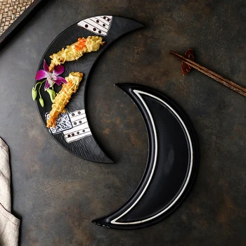 

12 Inch Japanese Painted Ceramic Cuisine Sushi Moon Plate Simple Home Daily Sashimi Dessert Plate Kitchen Tableware Commercial