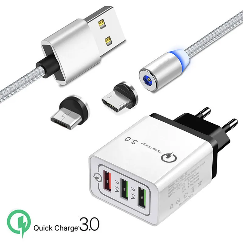 EU charger and cable Магнитный Micro USB кабель для samsung Galaxy A3 A5 J7 Prime A7 Honor 8A 7X Oppo A9 F7 мобильный телефон QC 3,0 USB быстрое зарядное устройство - Тип штекера: EU charger and cable