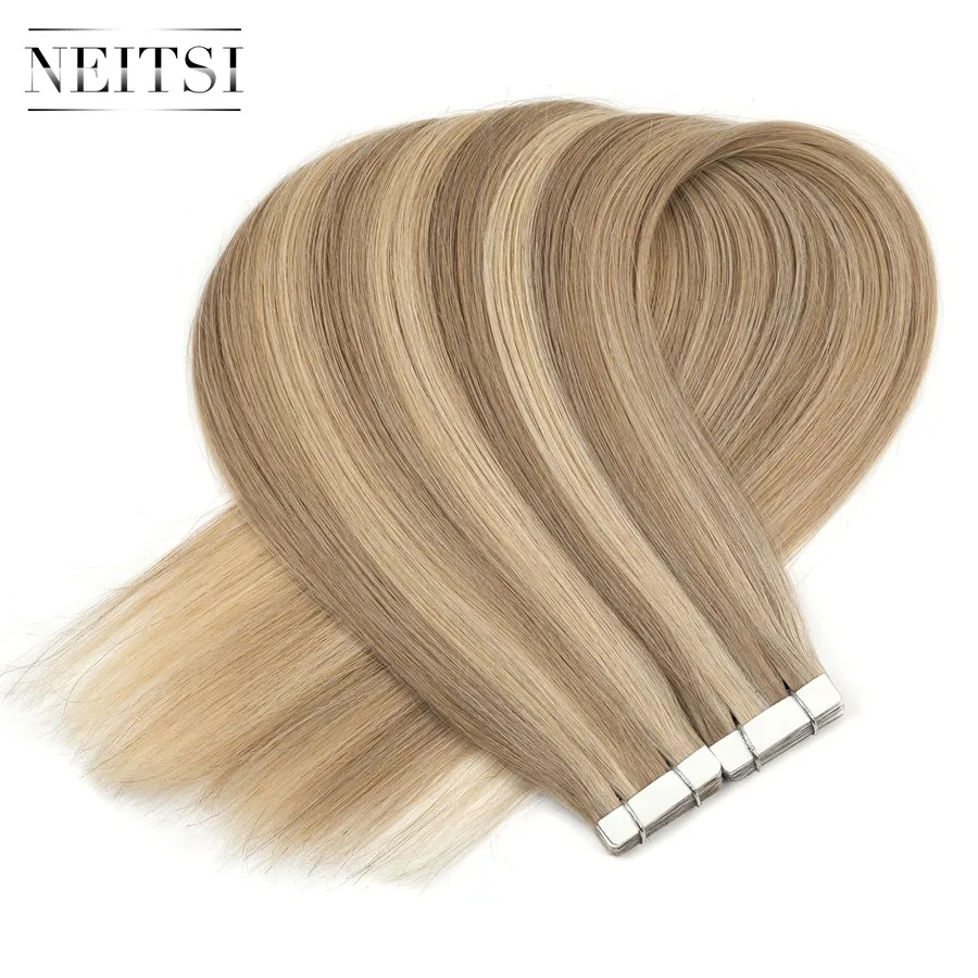 Neitsi прямые волосы на клейкой основе, не Remy лента для наращивания человеческих волос 2" P18/613# двусторонняя изолента цвета фортепиано