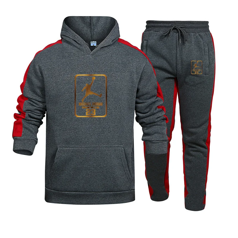 

2020 New men's hoodie sets gold three-bar frame sweatshirt wool hoodie + sweatpants jogging men's hoodie 3XL