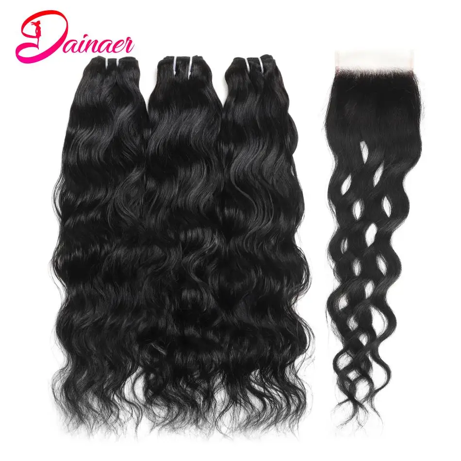 Human Hair Bundles With Closure Indian Natural Wave 3Bundles 4×4 Free/Middle/Three Part Virgin Extension | Шиньоны и парики