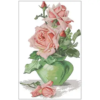 

Pink Rose Glass Vase patterns Counted Cross Stitch 11CT 14CT 18CT DIY Chinese Cross Stitch Kits Embroidery Needlework Sets
