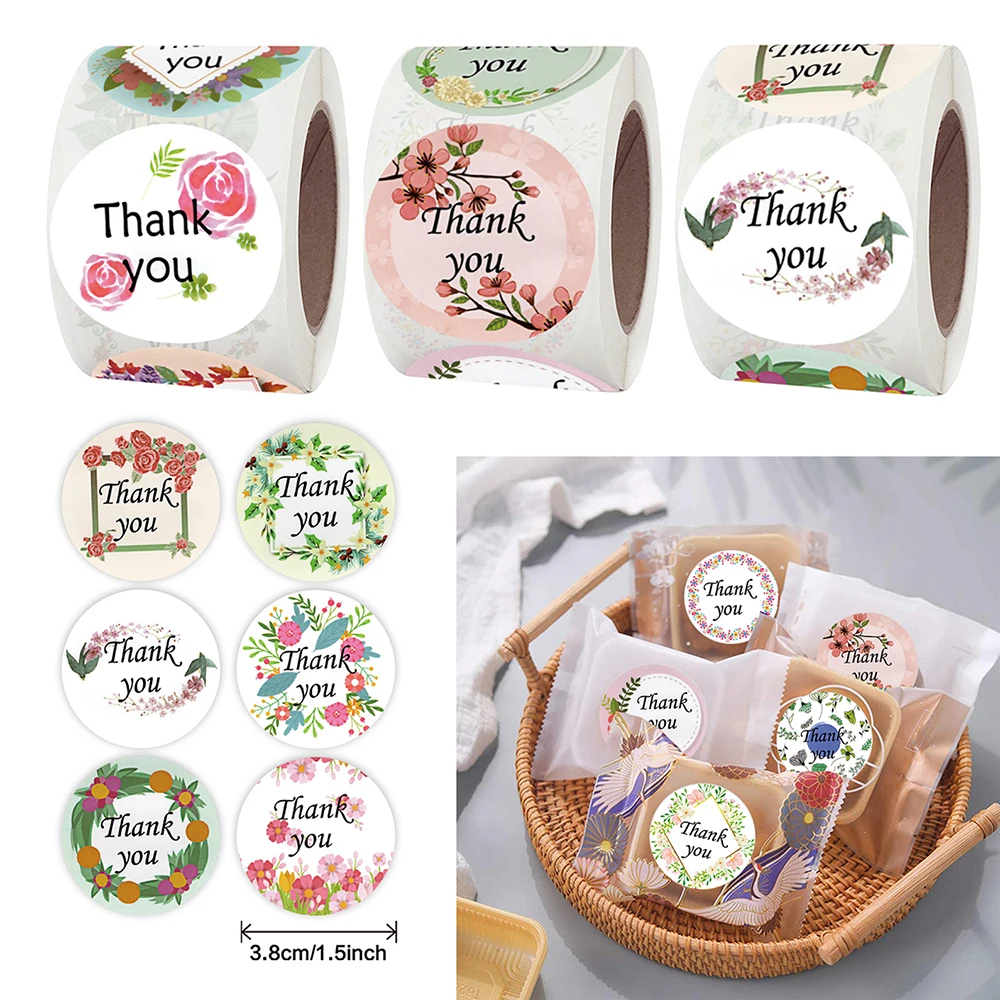 

500pcs/roll 3.8cm Flowers Thank You Round Stickers Christmas Wedding Gift Saling Decoration Diary DIY Laleb Stationery Stciker