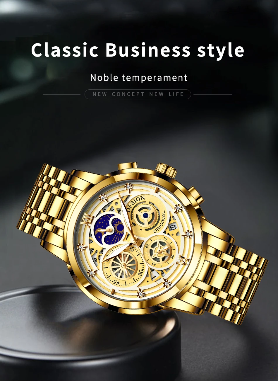 2021 New LIGE Sport Men Watch Top Brand Luxury Gold Stainless Steel Quartz Wrsit Watch Men Fashion Hollow Waterproof Chronograph