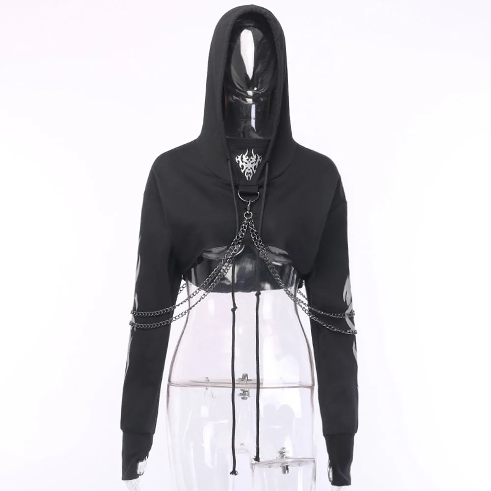 Streetwear Crop Hoodies Women Sweatshirt Gothic Punk Reflective Printed Chain Black Crop Hoodies Tops Casual Lady Gothic Goth