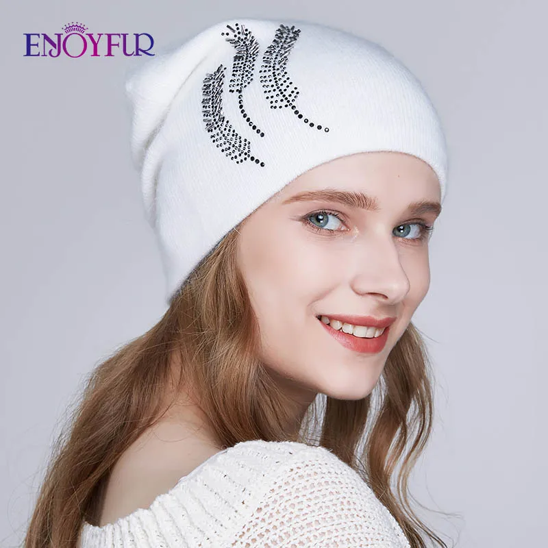 ENJOYFUR зимние шапки для женщин, Толстая теплая подкладка, стразы, шапочки, шапка, женские брендовые шапки из ангорской шерсти для женщин