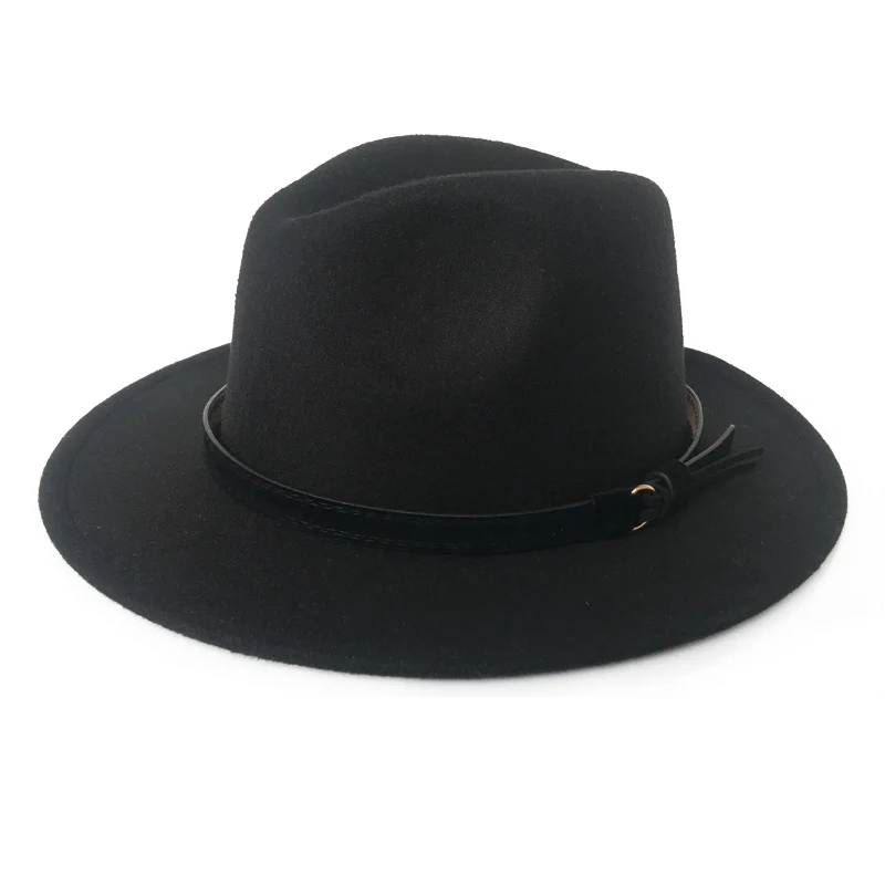 YY черный кожаный ремень Fedora шляпа для мужчин зимняя винтажная фетровая шляпка винтажная Трилби женские церковные шляпы Chapeau Femme Feutre FD19020 - Цвет: Black Fedora Hat