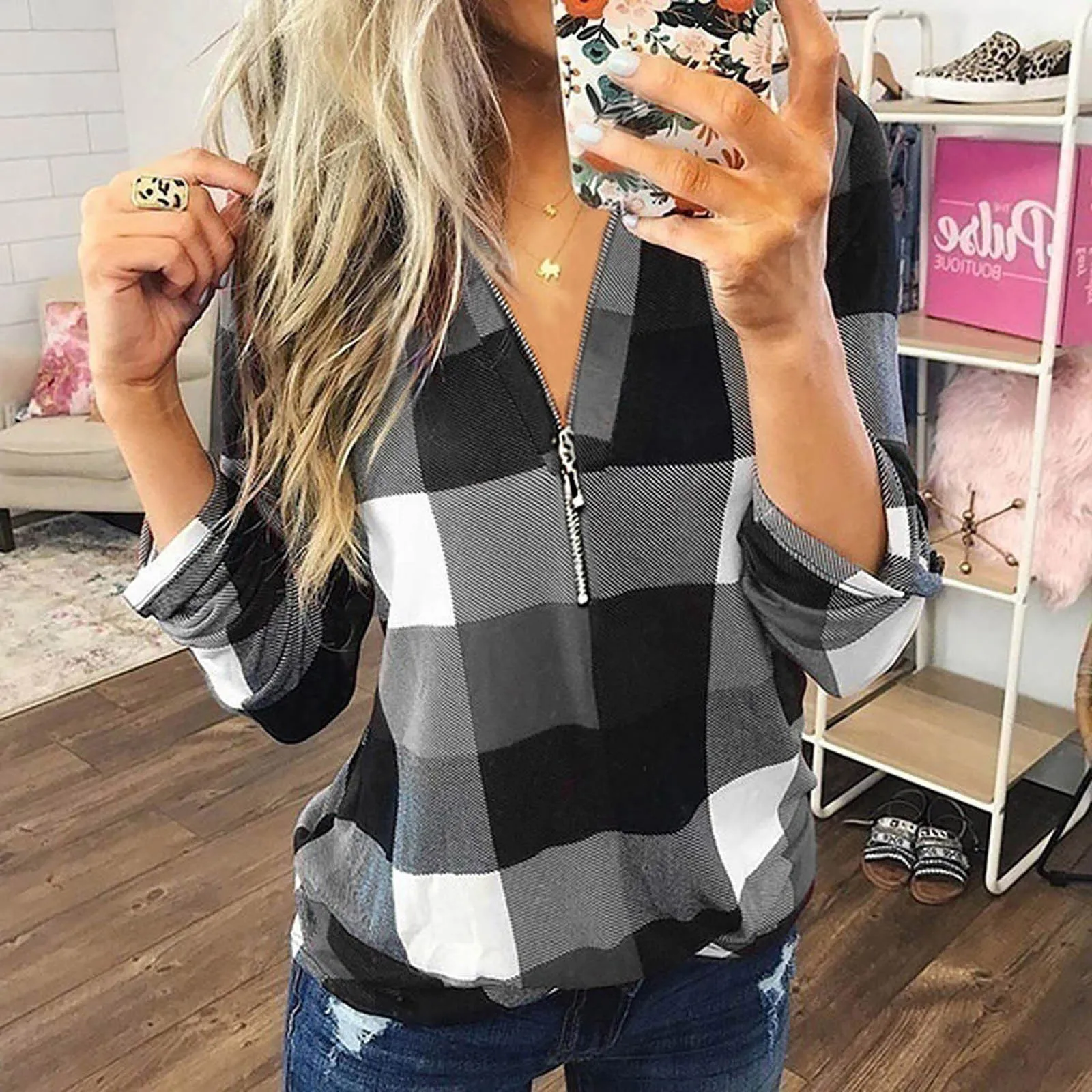 Fashion Women Zip Long Sleeve T-shirt Vintage Casual Cotton Plaid Shirt Plus Size Tops Women's Slim T-Shirt Top Clothing 1