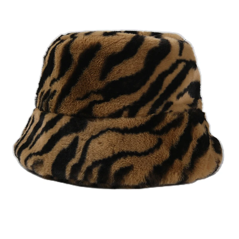 

Women Vintage Leopard Zebra Print Bucket Hat Winter Fuzzy Plush Fisherman Cap X5XA