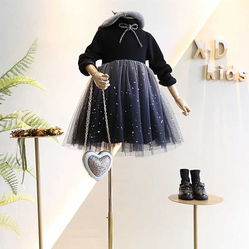 Модное Сетчатое платье принцессы с блестками для маленьких девочек Теплые Зимние Вечерние платья из бархата для девочек Одежда для детей