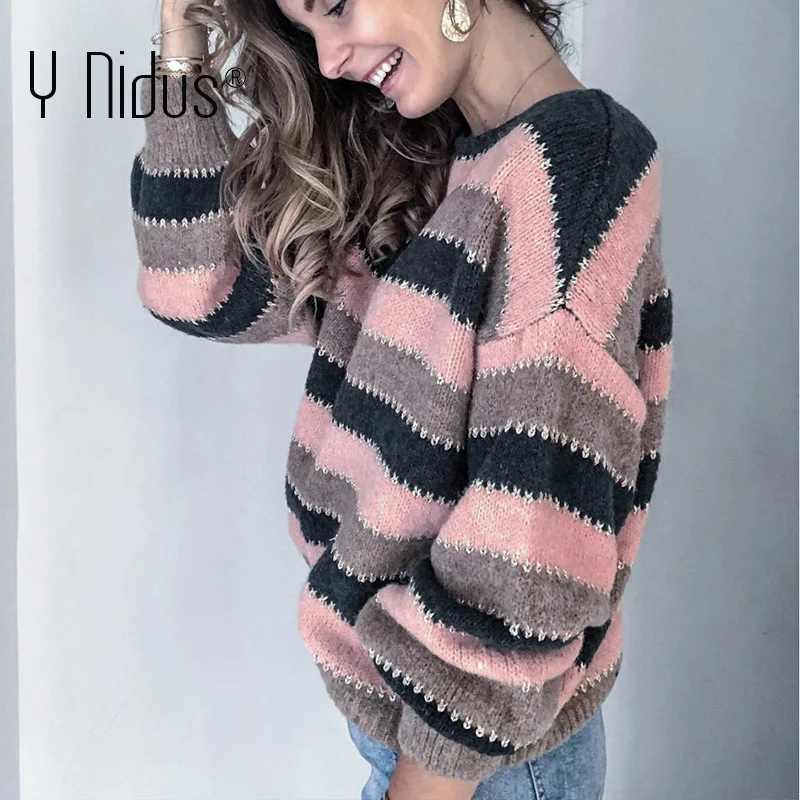 Лоскутный полосатый свитер, женский зимний свитер размера плюс, осенние женские теплые вязаные свитера, пуловер, топы, джемпер, Roupas