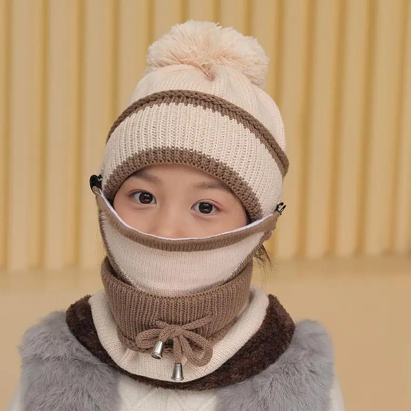 COKK Winter Hats Girls Boys Knitted Hat Warm Pom Pom Cap Skullies Beanies For Children High Quality Girls Mask Windproof - Цвет: Beige