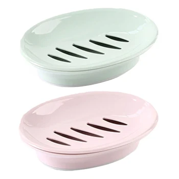 

2Pcs Bathroom Soap Dish Box Simple Design Double Layer Soap Sponge Dish Holder - Green & Pink