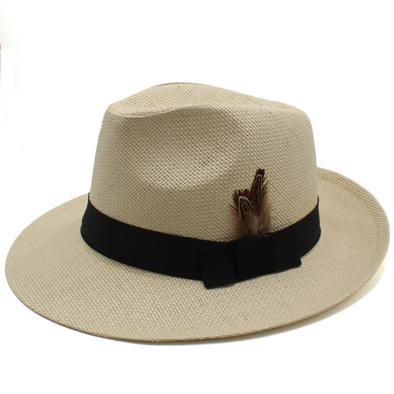 Men Women Straw Panama Hats Summer Wide Brim Sombrero Fedora Sunhats Feather Band Trilby Caps Outdoor Travel Size US 7 1/4 UK L stetson trilby