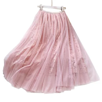 

New 2020 Spring and Summer Elegant Pleated Skirt Floral Embroidery A Word Bud Silk Gauze Skirt Women Faldas Saias