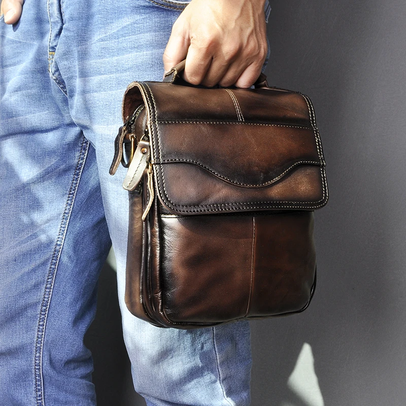 Качественная оригинальная кожаная мужская повседневная сумка через плечо из воловьей кожи, модная сумка через плечо 8 дюймов, сумка-тоут Mochila, сумка-портфель, 144-d - Цвет: dark coffee
