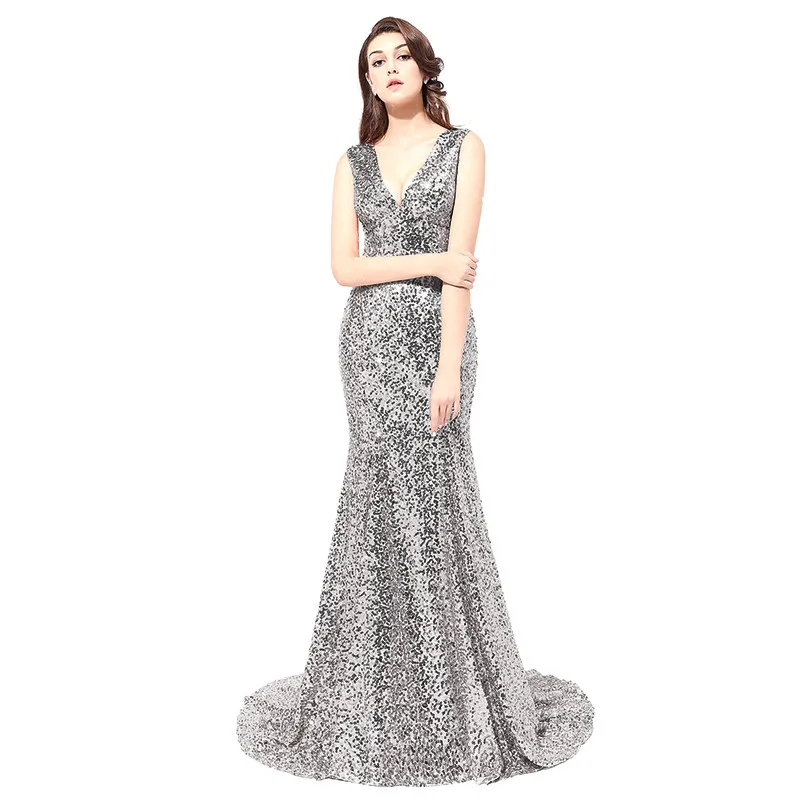 VKBRIDAL длинное вечернее платье сексуальное плиссированное платье с v-образным вырезом для выпускного вечера с блестками - Цвет: silver