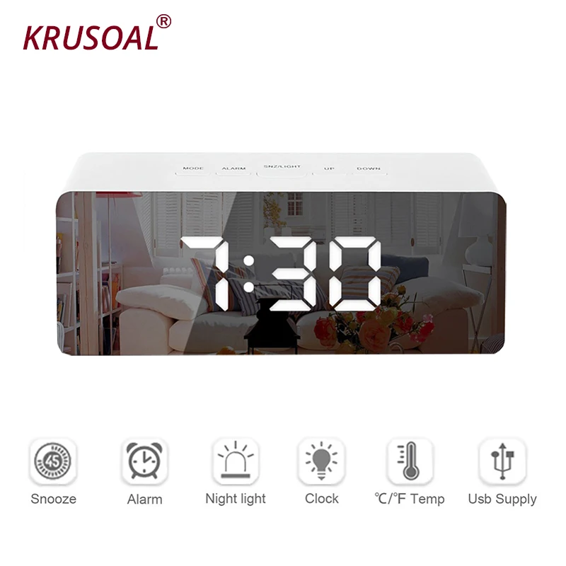 

LED Mirror Alarm Clock Digital Snooze Table Clock Wake Up Light Electronic Large Time Temperature Display Home Decoration