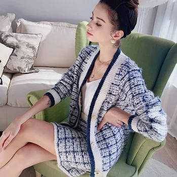 

Dabuwawa Elegant Plaid Cardigan and Knit Skirt Elastic Waist Suit Women Outfits Office Ladies Chic Two Piece Sets DT1ASA003