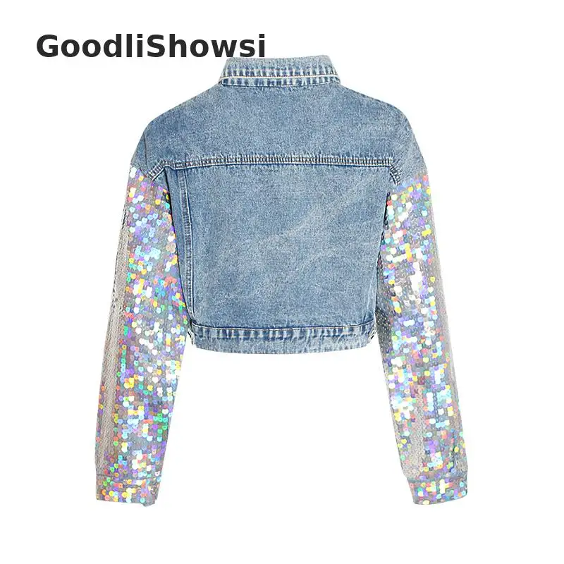 GoodliShowsi, Новое поступление, стильные женские джинсовые куртки, с блестками, с длинным рукавом, с отложным воротником, с карманами, короткая куртка, топы