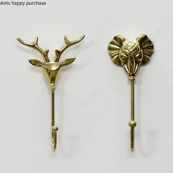 

Nordic American Pure copper art design Deer head elephant head decoration Wall key clothes hat Decorative Hook Mounted wall hook