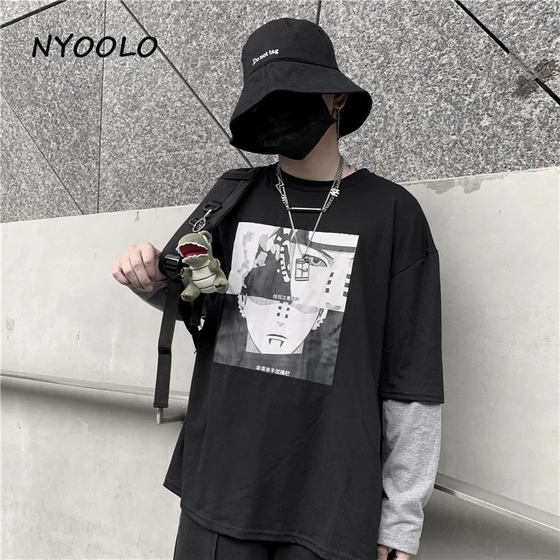 NYOOLO Harajuku Винтаж Аниме Наруто печати поддельные 2 шт. Лоскутная футболка осень уличная одежда с длинным рукавом Футболка для женщин и мужчин Топ