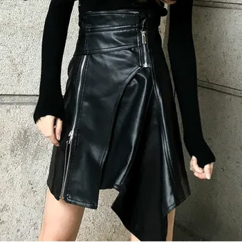 

Korea Irregular PU Leather Black Skirts Female High Waist Asymmetrical Women's Skirt Korean Tide 2020 Autumn L284