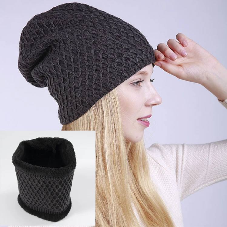 dark grey one set OMEA зимняя женская шапка и Мужская бархатная шапка-ушанка с геометрическим рисунком, зимний снуд и шапка, один комплект шапочки для женщин, королевский синий красный - Цвет: dark grey one set