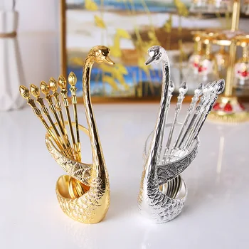 

Swan Fruit Base Holder Forks Set Stainless Steel Salad Dessert Forks Coffee Spoon Cake Tableware WY72208