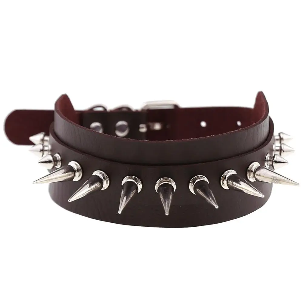 KMVEXO Punk Rock Gothic Leather Chokers for Women Mens Silver Spike Rivet Stud Collar Choker Necklaces Statement Anime Jewelry - Окраска металла: Coffee