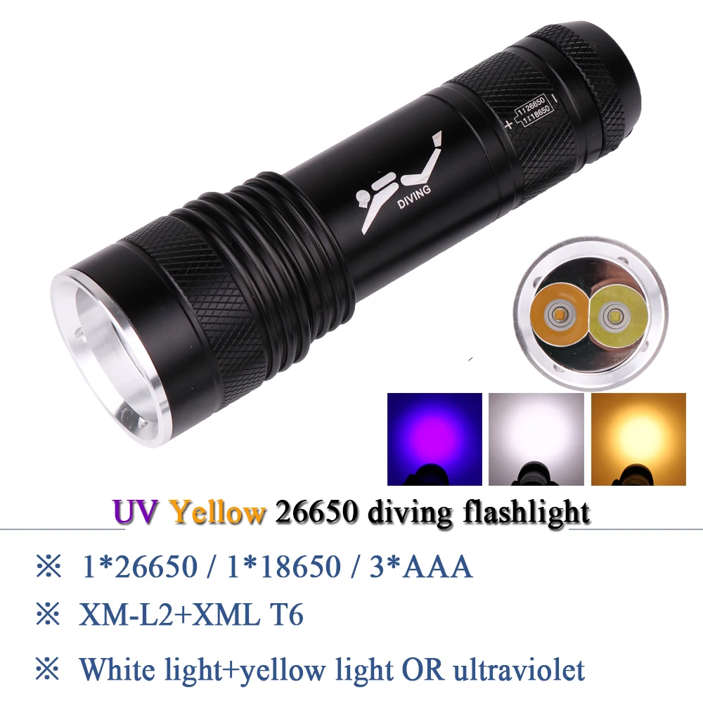 

scuba flashlights diving flashlight xml t6 uv395nm purple light waterproof torch Underwater lamp lanterna 26650 or 18650 or AAA