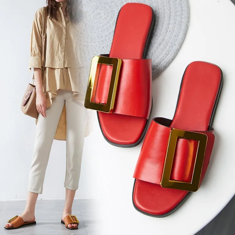 

Concise Flat Bottom Woman Cool Slippers Cowhide Metal Square Toe With Shoes Low With Will Code