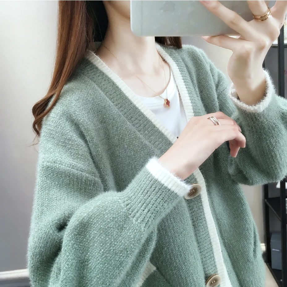 

Lazy wind sweater coat women's autumn 2020 new V-neck Korean loose outside chenille knitted cardigan