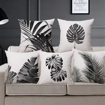 

45*45cm Linen Pillow Case White Black Plant Leaf Pattern Pillow Cover Banana Leaf Decorative Throw Pillows 1PC