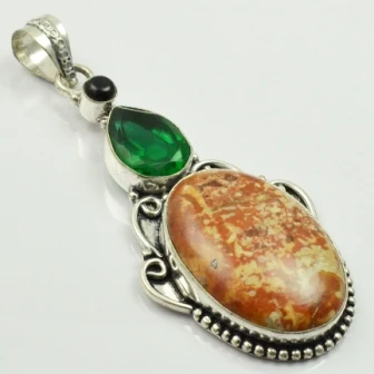 

Jaspers & Green Quarts Pendant Silver Overlay over Copper , 75 mm, P2614