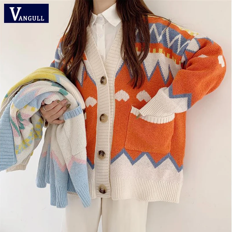 Vangull Printting Knitted Women Sweater Coat Casual Plus Size V-neck Single Breasted Cardigan Loose Pockets Female Tops |