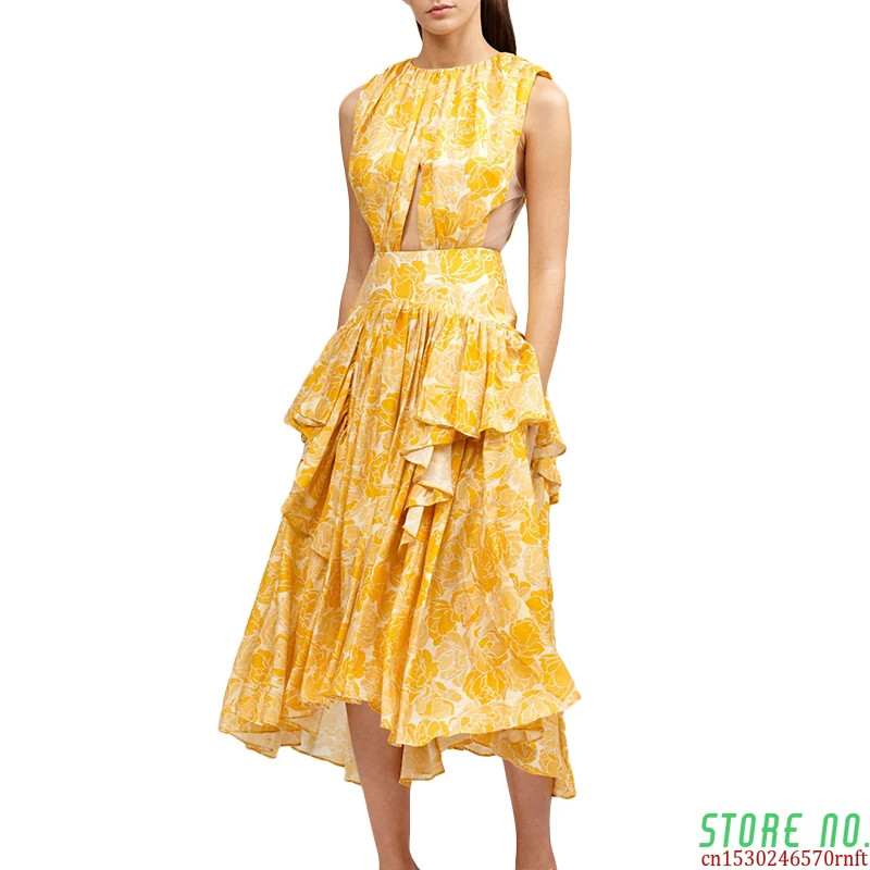 

Elegant Print Dress Women O Neck Sleeveless High Waist Hollow Out Ruffles Irregular Hem Dresses Female Fashion Tide