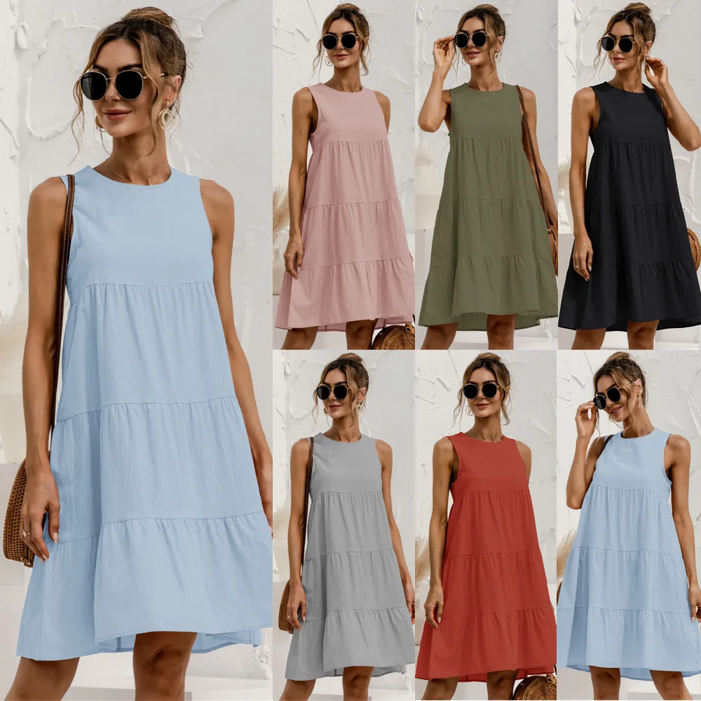 Verão o Pescoço sem Mangas Vestido para Mulher 2021 a Linha Costura Solta Grande Swing Colete Casual Praia Vestido Mulher Mini Vestidos 3 High Quality Moda Feminina