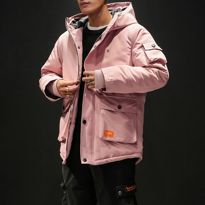 Зимняя мужская куртка, одноцветная парка, теплые куртки, простой подол, практичная Водонепроницаемая парка с карманами, высокое качество - Цвет: Розовый