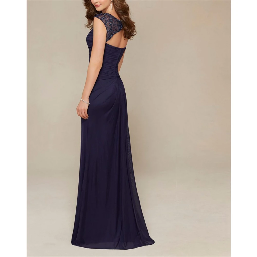 Unqiue Navy Blue Chiffon Vestidos De Fiesta De Noche Cap Sleeves Sheath Pleat Beading Custom-Made Mother Dresses