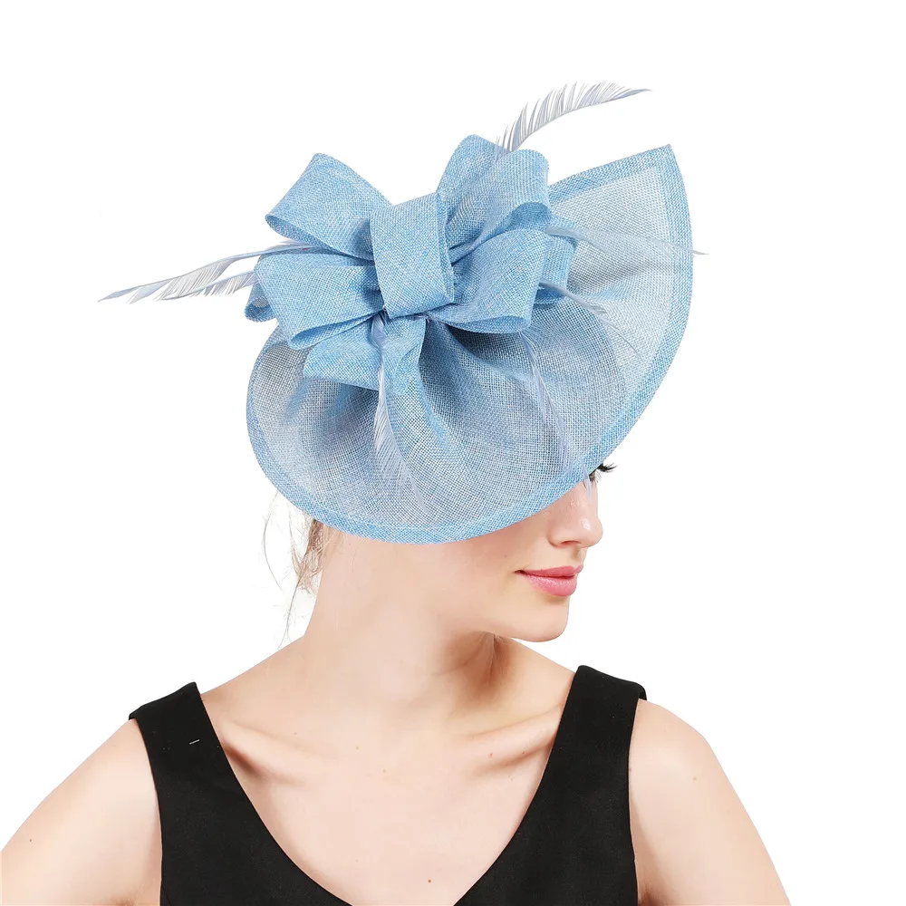 Перо Fascinators Жокейские шапочки для Для женщин Элегантный светло-голубой цвет имитация чародей шляпа девушек вечернее свадебное платье Шапки SYF66 - Цвет: light blue