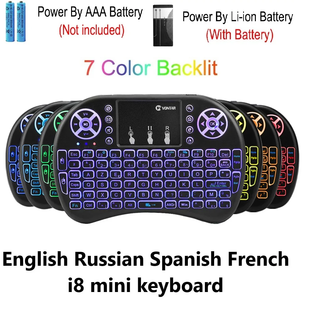 

2.4G I8 Mini Wireless Backlit Keyboard with Touchpad English Russian Spanish French Remote Control for Android TV BOX