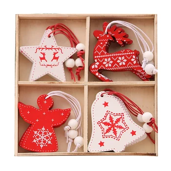 

12 Pcs Christmas Wooden Pendants Xmas Tree Ornament Angel Snowflake Deer Bell Five-Pointed Star Pattern Home Decor
