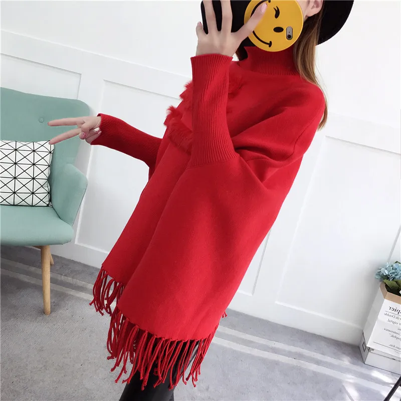 Real Rabbit Fur Patchwork Cloak Turtleneck Pullover Cape And Poncho Shawl Fashion Tassel Women Autumn Winter Bat Sleeves Sweater