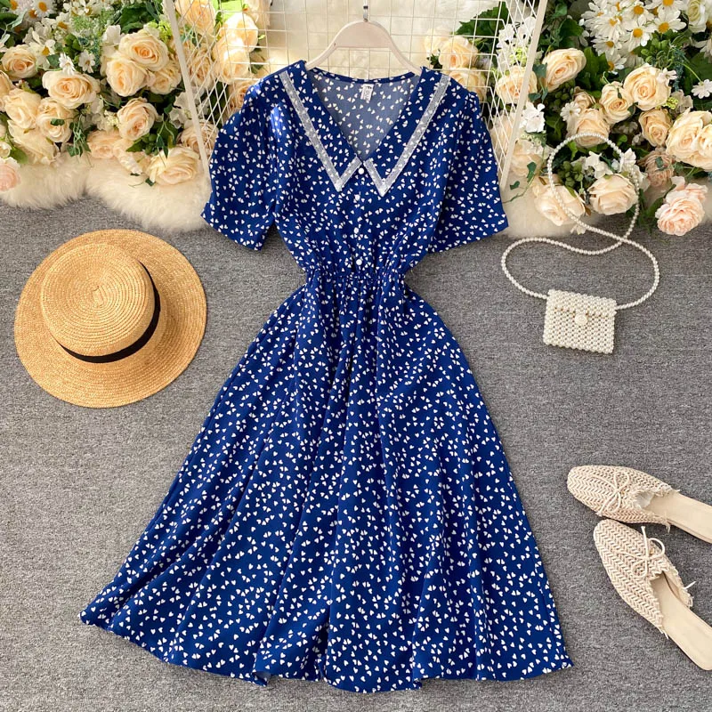 Летнее платье для женщин 2020 новый стиль милое с принтом сердца винтажное